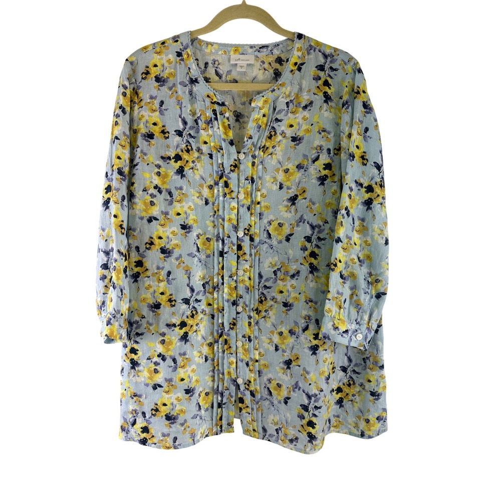 J Jill Love Linen Tunic Blouse Blue Yellow Floral Pintuck Button V-Neck Medium